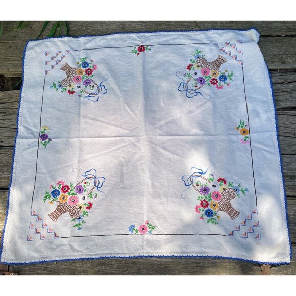 Vintage Arts and Crafts Cotton Embroidered Babket Flowers Tablecloth - Picture 1 of 13